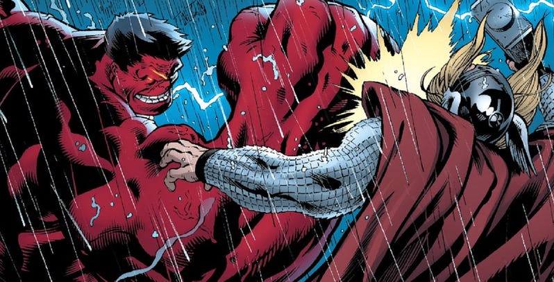 red hulk punching out thor featured