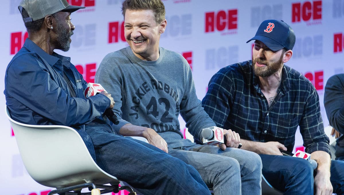 Don Cheadle, Jeremy Renner and Chris Evans at ACE Comic con. Pic courtesy: comicbook.com