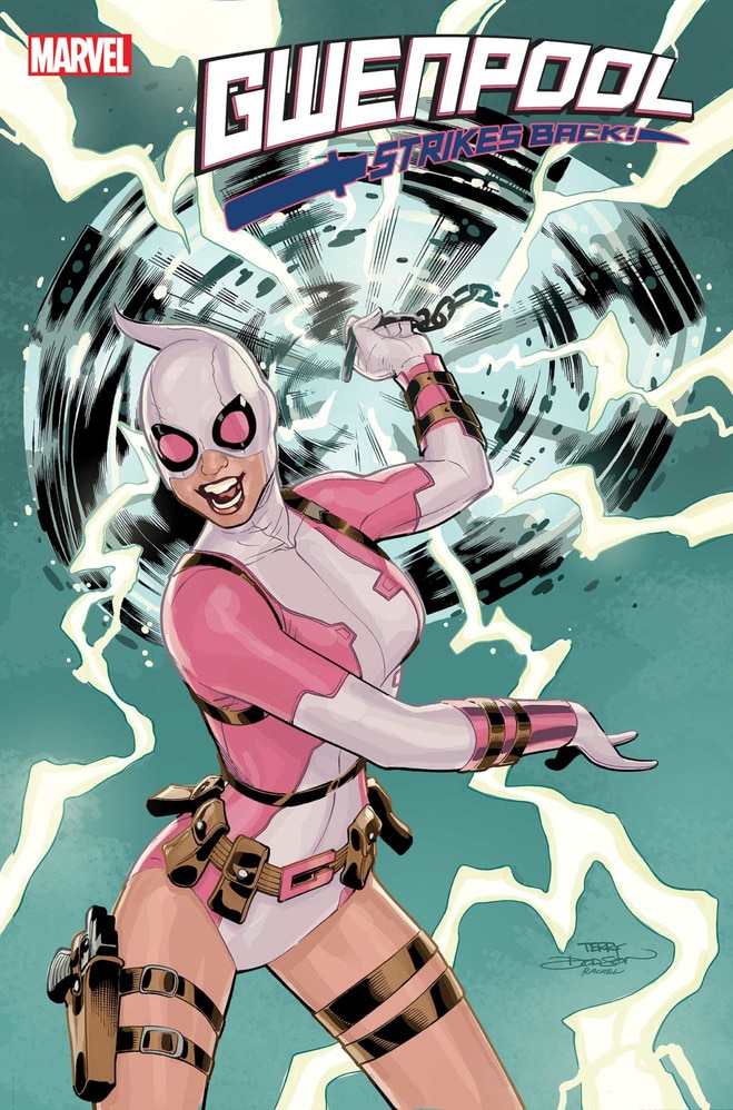 Cover to Gwenpool Strikes Back #4 where Gwen lifts the Mjolnir. Pic courtesy: bleedingcool.com