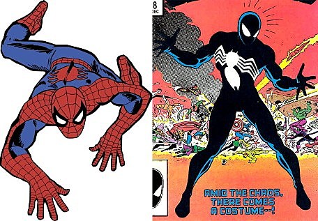 A comparison of the regular Spider-Man costume and his new costume 