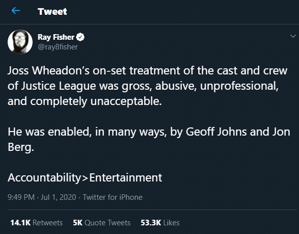 Ray Fisher tweets about Whedon's misconduct on set