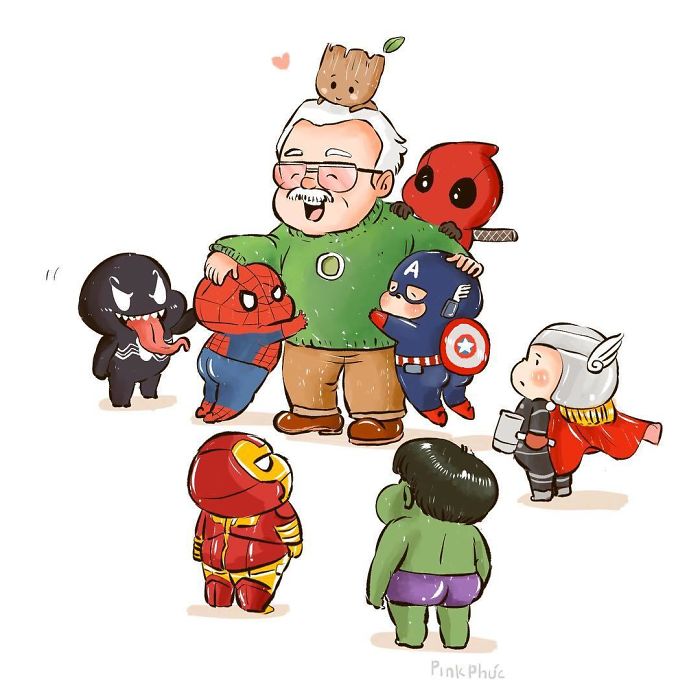 Marvel heroes as kids playing with Stan Lee 