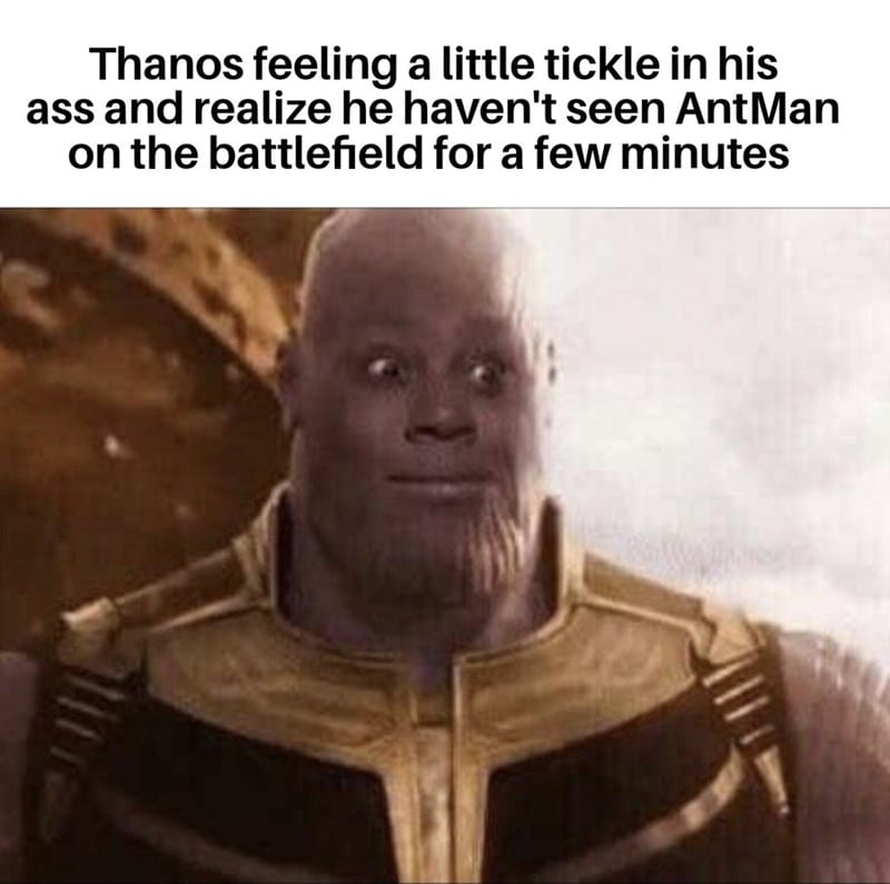 thanos feeling little tickle his ass and realize he havent seen antman on battlefield few minutes