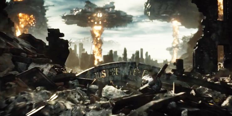 A Justice League sign is seen amid the rubble of Wayne Manor in the Knightmare Scene from Zack Snyders Justice League