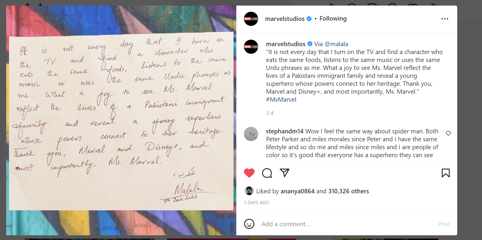 Malala Yousafzai praises Ms. Marvel
