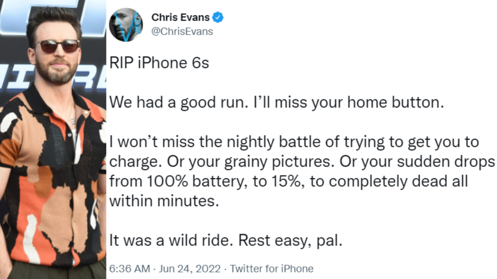 Chris evans bid farewell to his old iPhone 6