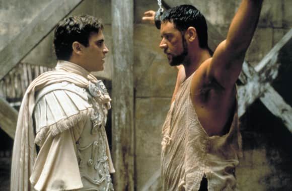 Russell Crowe as Maximus and Joaquin Phoenix as Commodus from the movie Gladiator