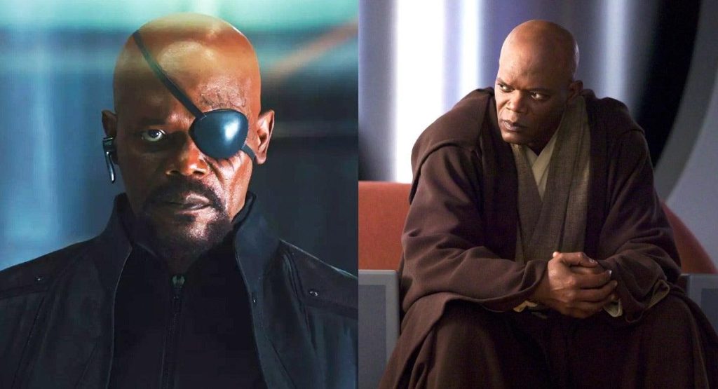 Samuel L. Jackson as Nick Fury and Master Mace Windu side by side