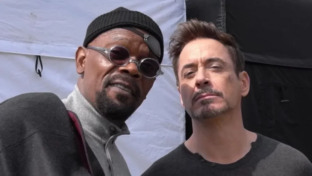 Samuel L Jackson with Robert Downey Jr. on set of Age of Ultron