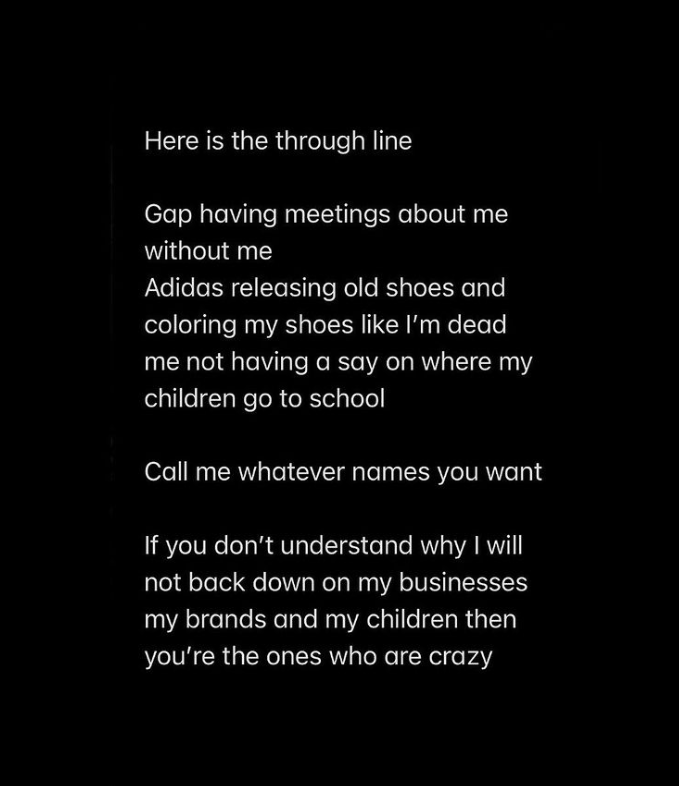 'You're the ones who are crazy': Kanye West Blasts Fans for Not Understanding Why He Wants Kim Kardashian and Hulu Out of His Kids' Lives 3 Kanye West's Instagram post