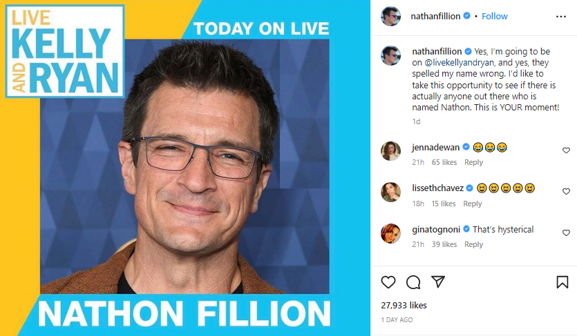 Nathan Fillion's Instagram post