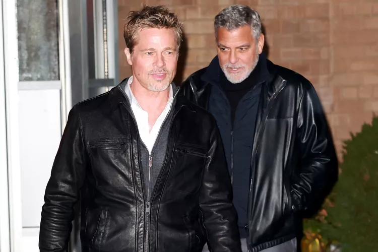 Brad Pitt and George Clooney in the Wolves set