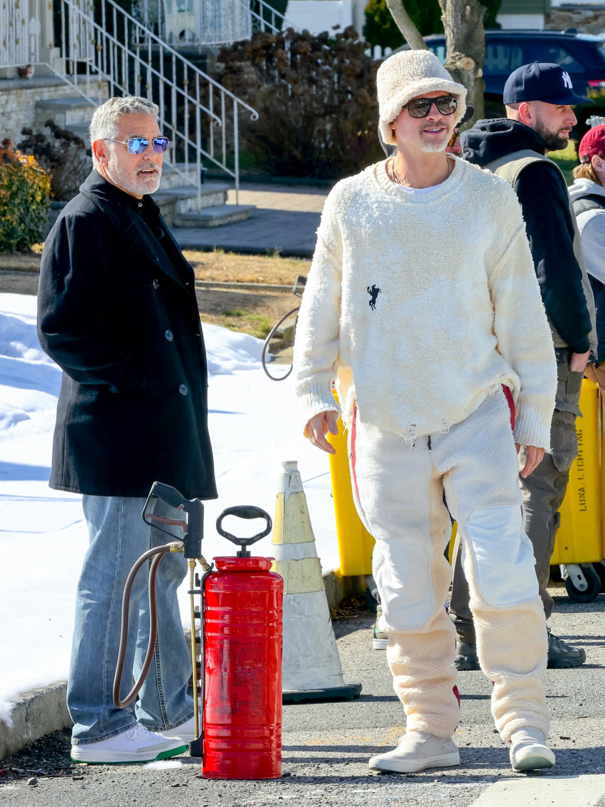 Brad Pitt Wears Shearling Bucket Hat on Set of 'Wolves