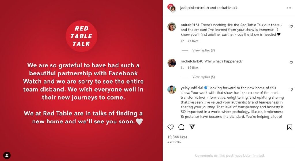 Jada Smith's Red Table Talk Looking for a New Home Following Facebook ...