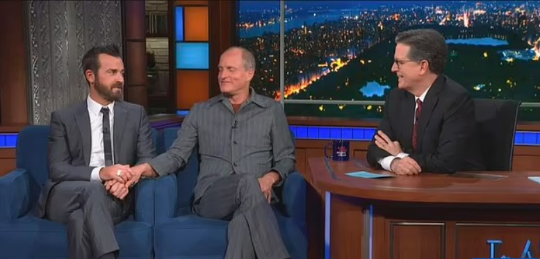 Woody Harrelson with Justin Theroux on The Late Show With Stephen Colbert