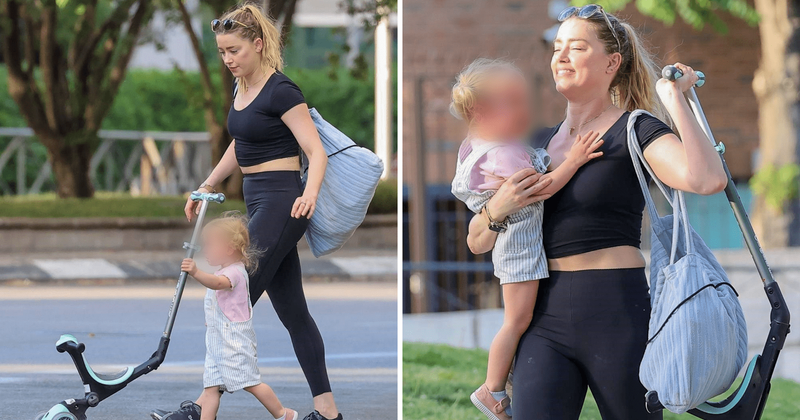 Amber Heard riding a scooty with her daughter