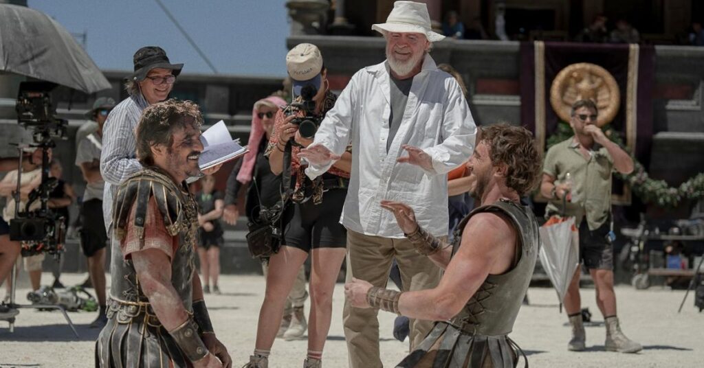 Ridley Scott, Pedro Pascal, and Paul Mescal on the sets of Gladiator 2 